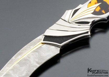 Ron Best Custom Knife Fluted, Stippled and Mirror Polished 416 Stainless Steel with 14Kt Gold & Amber Inlaid Automatic Lockback - Image 2