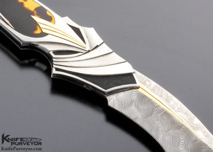Ron Best Custom Knife Fluted, Stippled and Mirror Polished 416 Stainless Steel with 14Kt Gold & Amber Inlaid Automatic Lockback - Image 4