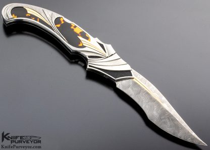 Ron Best Custom Knife Fluted, Stippled and Mirror Polished 416 Stainless Steel with 14Kt Gold & Amber Inlaid Automatic Lockback - Image 3