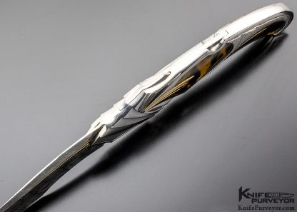 Ron Best Custom Knife Fluted, Stippled and Mirror Polished 416 Stainless Steel with 14Kt Gold & Amber Inlaid Automatic Lockback - Image 6