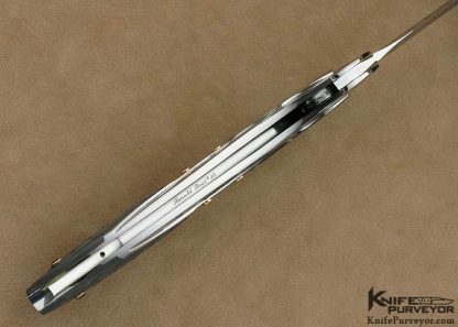 Ron Best Custom Knife Black Lip Pearl Interframe with Carved Mike Norris Stainless Damascus with Amethyst Accents Lockback - Image 9