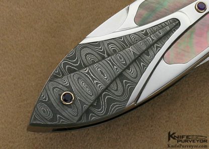 Ron Best Custom Knife Black Lip Pearl Interframe with Carved Mike Norris Stainless Damascus with Amethyst Accents Lockback - Image 5