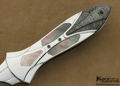 Ron Best Custom Knife Black Lip Pearl Interframe with Carved Mike Norris Stainless Damascus with Amethyst Accents Lockback - Image 3