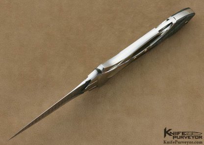 Ron Best Custom Knife Black Lip Pearl Interframe with Carved Mike Norris Stainless Damascus with Amethyst Accents Lockback - Image 7