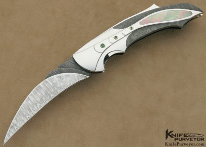 Ron Best Custom Knife Carved Damascus & Stainless Steel Black Lip Tahitian Pearl Interframe Lockback with 6 Emerald Settings