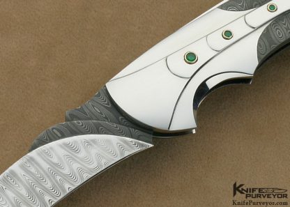 Ron Best Custom Knife Carved Damascus & Stainless Steel Black Lip Tahitian Pearl Interframe Lockback with 6 Emerald Settings - Image 2