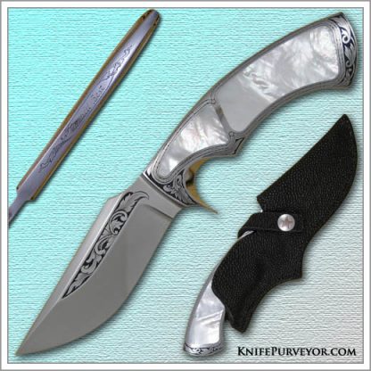 Ron Best's Custom Knife: 440-C Integral Fighter with Mother of Pearl Inlays Engraved by Jere Davidson