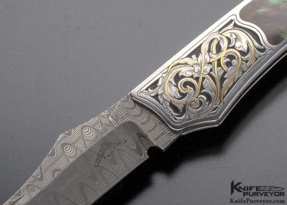 Warren Osborne Custom Knife Damascus & Black Lip Pearl Lockback Engraved by Ron Knott - Image 2