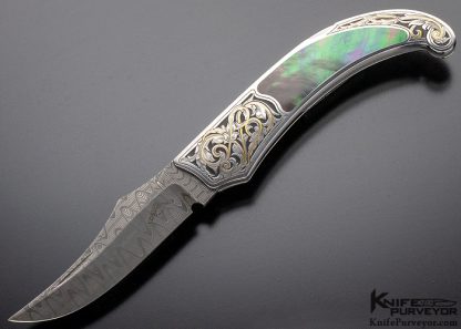 Warren Osborne Custom Knife Damascus & Black Lip Pearl Lockback Engraved by Ron Knott 9323