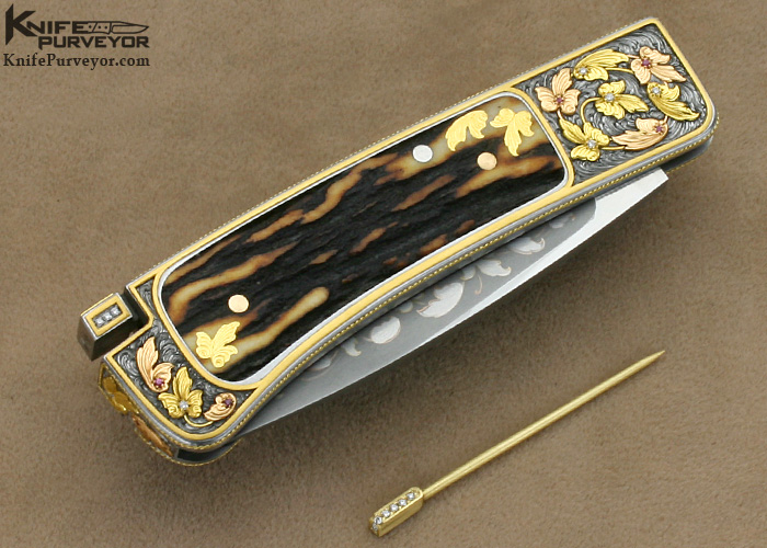 Ron Lake Custom Knife Stag Interframe Tail Lock with Gold Toothpick Engraved by Barry Lee Hands - Image 3