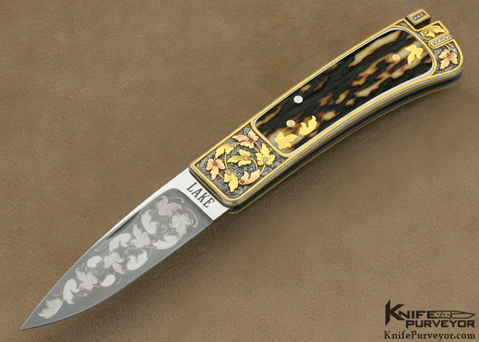 Ron Lake Custom Knife Stag Interframe Tail Lock with Gold Toothpick Engraved by Barry Lee Hands