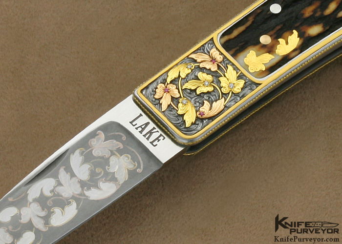 Ron Lake Custom Knife Stag Interframe Tail Lock with Gold Toothpick Engraved by Barry Lee Hands - Image 2
