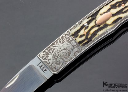 Ron Lake Custom Knife Gianfranco Pedersoli Engraved Stag Interframe Tail Lock with 14Kt Gold Escutcheon & Pins Bulino - Image 2