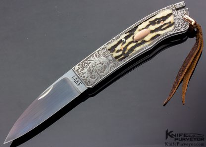 Ron Lake Custom Knife Gianfranco Pedersoli Engraved Stag Interframe Tail Lock with 14Kt Gold Escutcheon & Pins Bulino