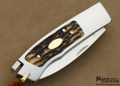 Ron Lake Custom Knife 18 Kt Gold Double Escutcheon Remington Jigged Bone Interframe Tail Lock With 18 Kt Gold Bale - Image 3