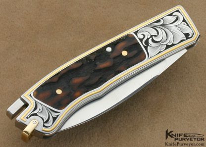 Ron Lake Custom Knife Amber Stag Tail Lock Engraved by Julie Warenski - Image 3