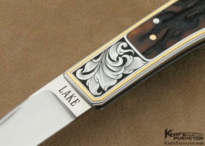 Ron Lake Custom Knife Amber Stag Tail Lock Engraved by Julie Warenski - Image 2