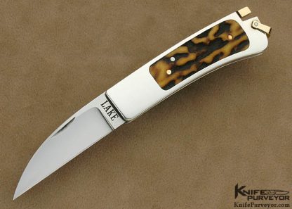 Ron Lake Custom Knife Amber Stag Sterling Silver Watch Pocket with 14 Kt Gold Tail Lock and 14 Kt Gold Bale