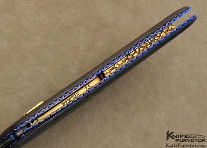 Ron Newton Custom Knife 1999 Award Winning Sole Authorship Blued Damascus & 14Kt Gold Auto Linerlock - Image 6