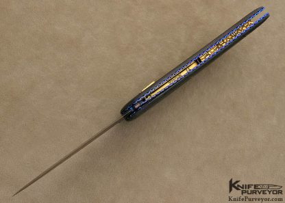 Ron Newton Custom Knife 1999 Award Winning Sole Authorship Blued Damascus & 14Kt Gold Auto Linerlock - Image 5