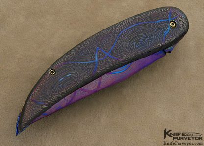 Ron Newton Custom Knife 1999 Award Winning Sole Authorship Blued Damascus & 14Kt Gold Auto Linerlock - Image 3