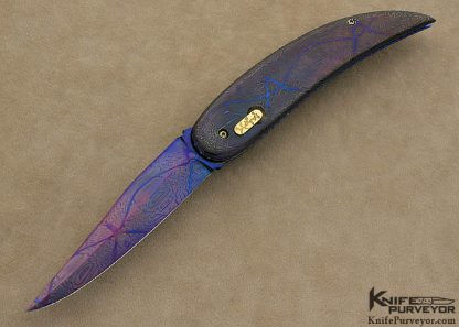 Ron Newton Custom Knife 1999 Award Winning Sole Authorship Blued Damascus & 14Kt Gold Auto Linerlock