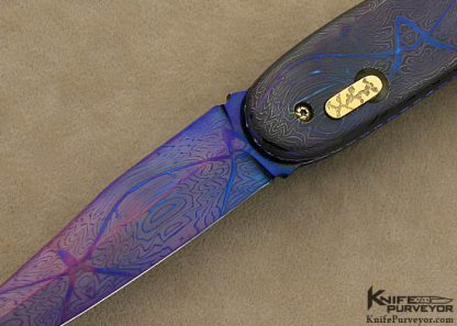 Ron Newton Custom Knife 1999 Award Winning Sole Authorship Blued Damascus & 14Kt Gold Auto Linerlock - Image 2