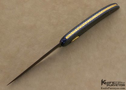 Ron Newton Custom Knife 1999 Award Winning Sole Authorship Blued Damascus & 14Kt Gold Auto Linerlock - Image 4