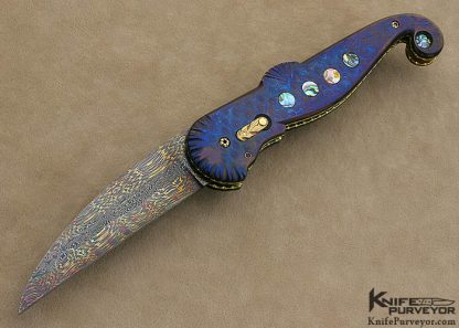 Ron Newton Custom Knife "JS" Sole Authorship Blued Damascus Award Winning "Seahorse" Automatic Linerlock
