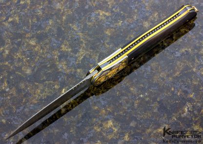 Ron Skaggs Engraved Owen Wood Custom Knife Chevron and Twist Damascus Black Lip Pearl Liner Lock - Image 4