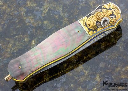 Ron Skaggs Engraved Owen Wood Custom Knife Chevron and Twist Damascus Black Lip Pearl Liner Lock - Image 3