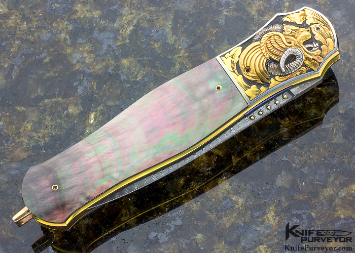 Ron Skaggs Engraved Owen Wood Custom Knife Chevron and Twist Damascus Black Lip Pearl Liner Lock - Image 3