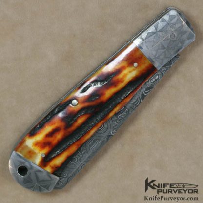 Bill Ruple Custom Knife Amber Stag & Damascus 2 Bladed Trapper - Image 3