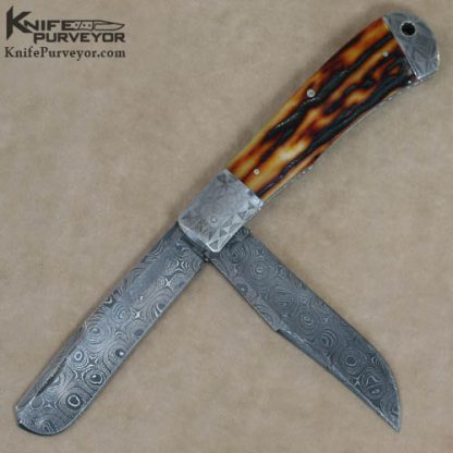 Bill Ruple Custom Knife Amber Stag & Damascus 2 Bladed Trapper