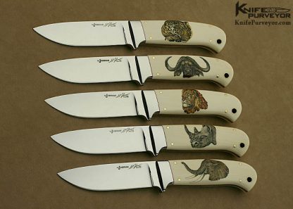 S.R. Johnson Custom Knives Africa's Big Five Set of 5 Hunters Color Scrimshawed by Ron Skaggs 13567