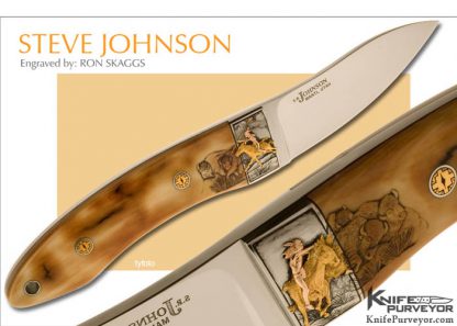 S.R. Johnson Custom Knife Carved Mammoth Ivory Buffalo Skinner Engraved by Ron Skaggs with Sculpted Built Up 24Kt Gold