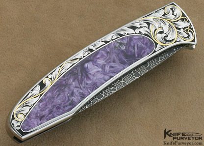 Scott Sawby Custom Knife Ray Cover Jr. Engraved Charoite & Devin Thomas Stainless Damascus Self Lock Tern - Image 3