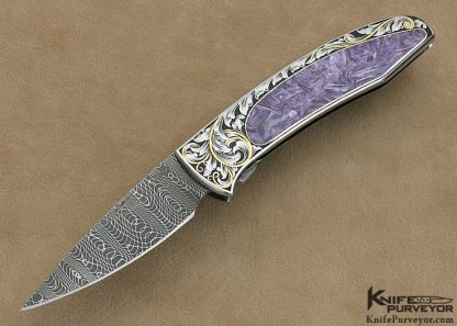 Scott Sawby Custom Knife Ray Cover Jr. Engraved Charoite & Devin Thomas Stainless Damascus Self Lock Tern