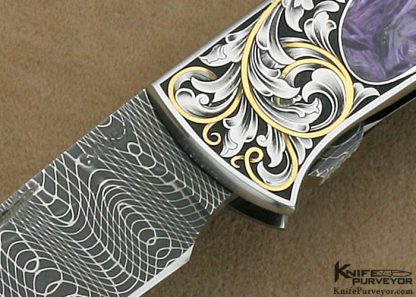 Scott Sawby Custom Knife Ray Cover Jr. Engraved Charoite & Devin Thomas Stainless Damascus Self Lock Tern - Image 2