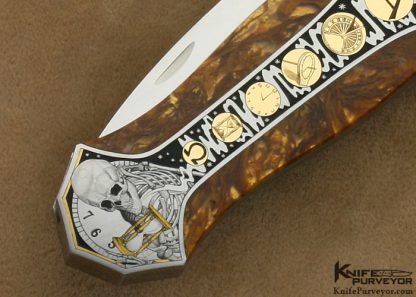 Scott Sawby Custom Knife Ray Cover Jr. Engraved 14Kt Gold & Gold Agate Button Lock Egret - Image 5