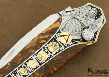 Scott Sawby Custom Knife Ray Cover Jr. Engraved 14Kt Gold & Gold Agate Button Lock Egret - Image 4