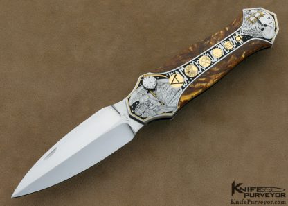 Scott Sawby Custom Knife Ray Cover Jr. Engraved 14Kt Gold & Gold Agate Button Lock Egret
