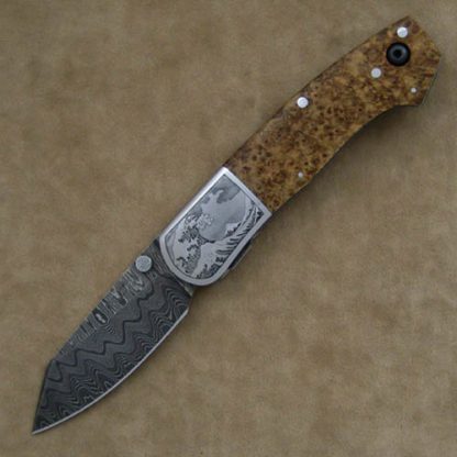 Scott Sawby Custom Knife Burlwood Combat Utility with Mike Norris Damascus Blade Engraved by Marion Sawby