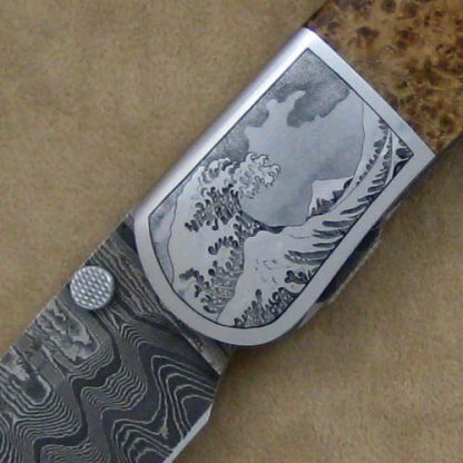 Scott Sawby Custom Knife Burlwood Combat Utility with Mike Norris Damascus Blade Engraved by Marion Sawby - Image 3