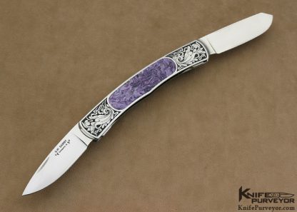 Scott Sawby Custom Knife Pat Holder Engraved Double Blade Charoite Interframe Self Lock Folder