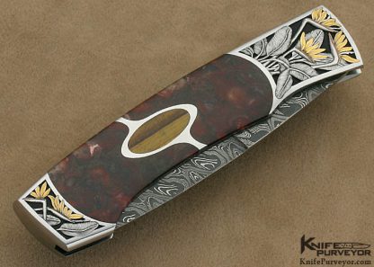 Scott Sawby Custom Knife Marian Sawby Engraved "Kittiwake" with Red Agate & Tiger Eye Escutcheon & Mike Norris Damascus Blade - Image 3
