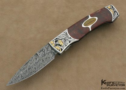 Scott Sawby Custom Knife Marian Sawby Engraved "Kittiwake" with Red Agate & Tiger Eye Escutcheon & Mike Norris Damascus Blade