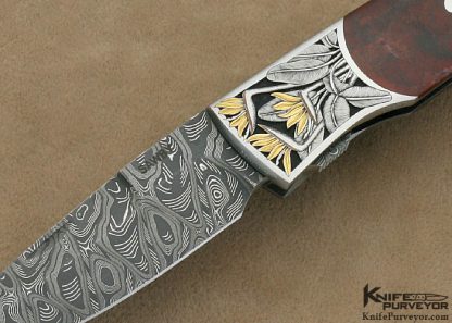Scott Sawby Custom Knife Marian Sawby Engraved "Kittiwake" with Red Agate & Tiger Eye Escutcheon & Mike Norris Damascus Blade - Image 2
