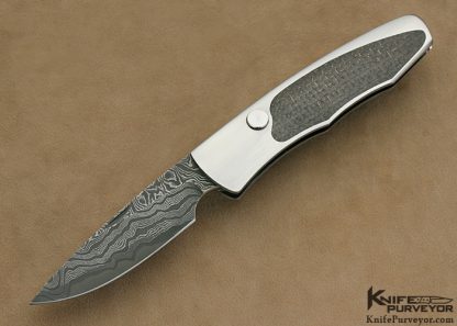 Scott Sawby Custom Knife "Small Bittern" Mike Norris San Mai Damascus & Lightning Strike Carbon Fiber Interframe Button Lock