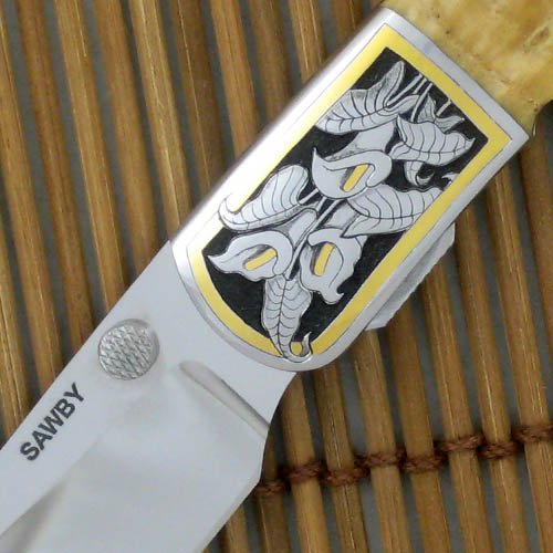 Scott Sawby Custom Knife Marion Sawby Engraved Burlwood Combat Utility Knife - Image 3
